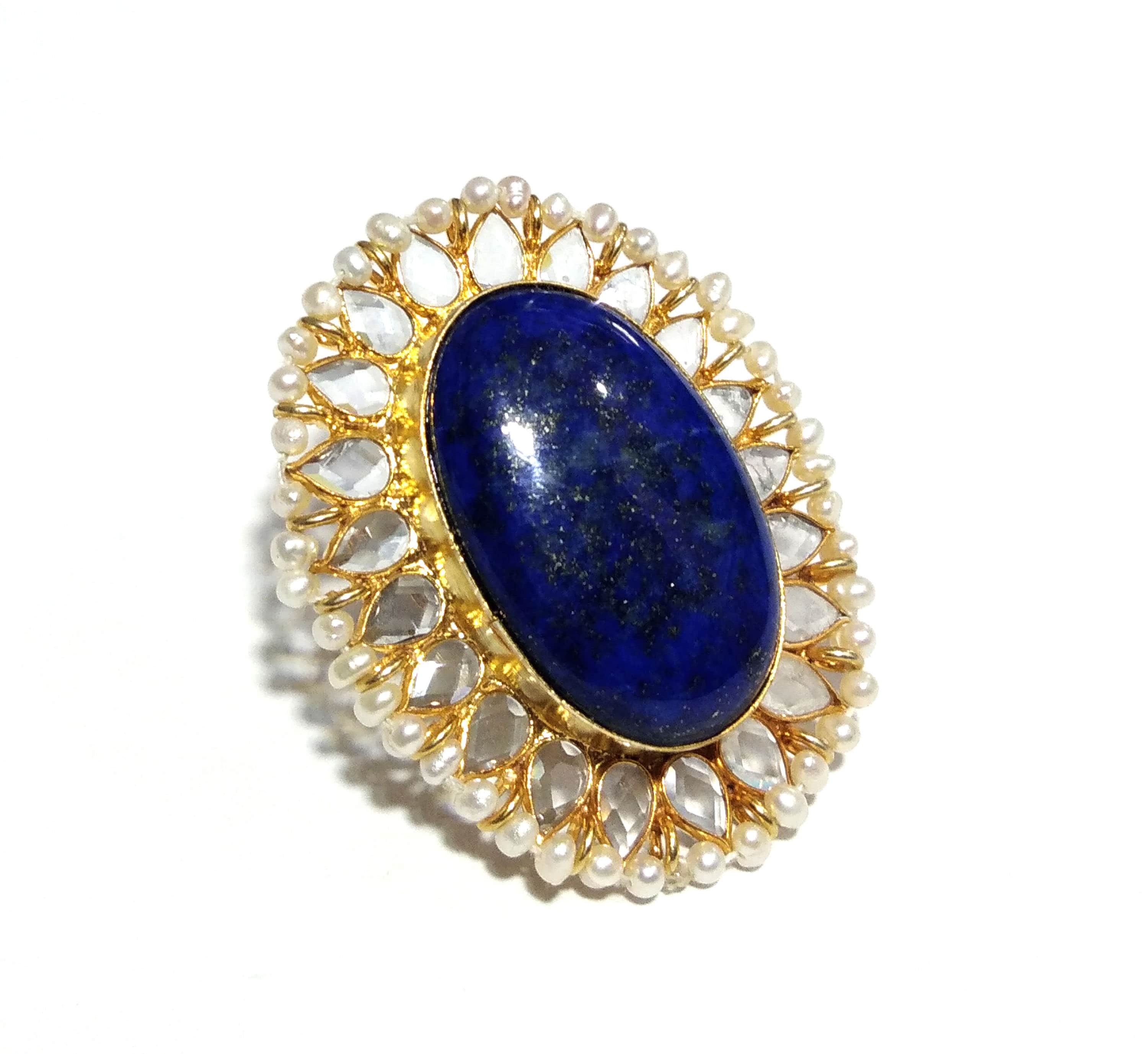 Lapis Lazuli, Fresh Water Baroque Pearl, Zircon Stone Ring, 925 Solid Starling Silver Gold Plated Ring, Stone Size 29x23mm Handmade Ring